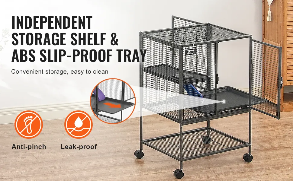 VEVOR ferret cage with independent storage shelf, abs slip-proof tray, and anti-pinch, leak-proof features.