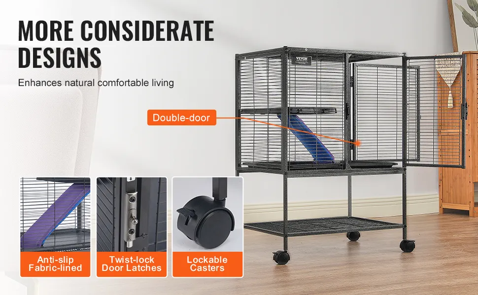 VEVOR ferret cage: double-door, anti-slip fabric-lined ramp, twist-lock latches, and lockable casters.