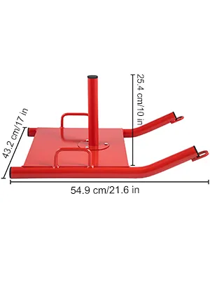 red VEVOR weight sled with dimensions: 54.9 cm x 43.2 cm x 25.4 cm.