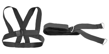 black VEVOR weight sled harness and connecting strap with metal buckles
