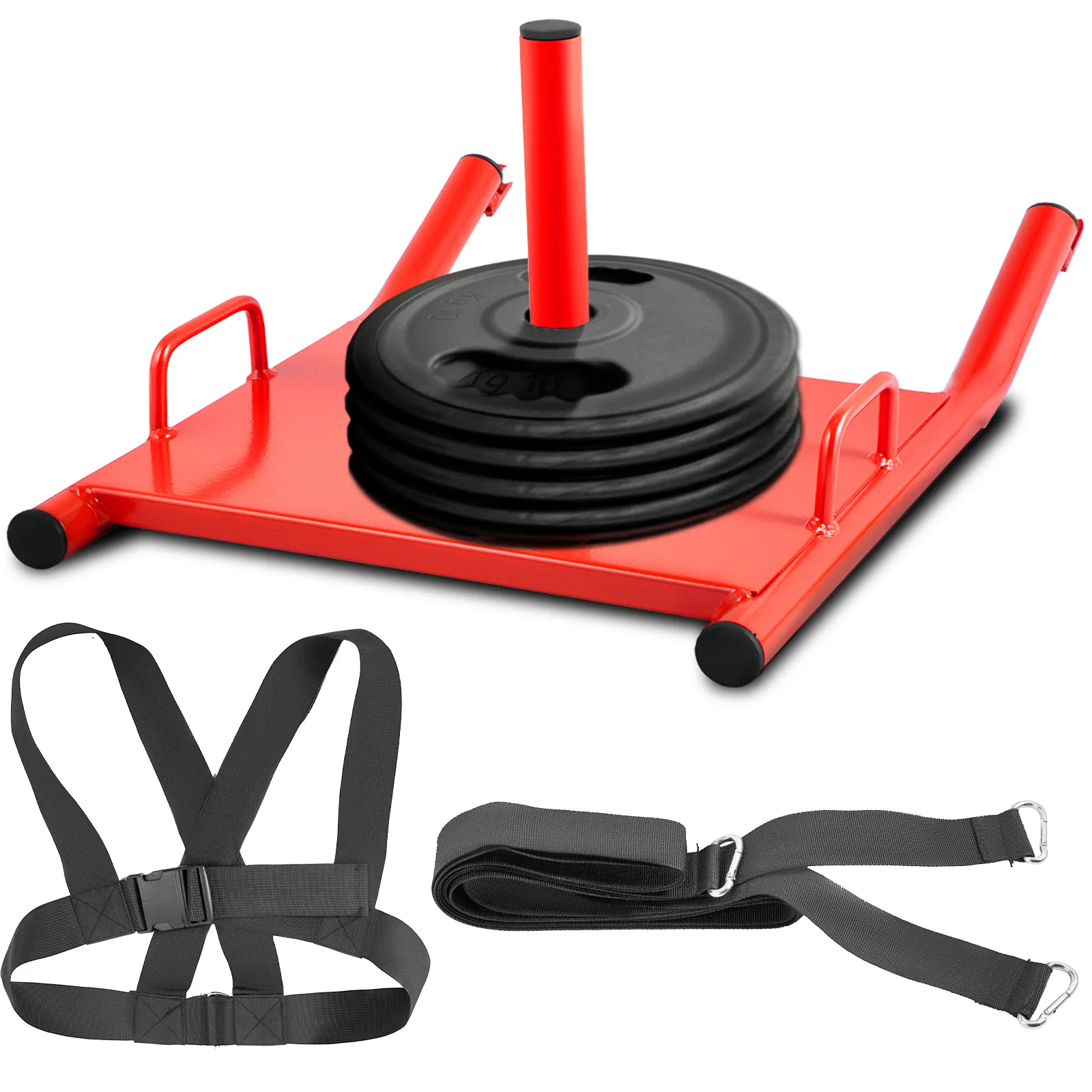 red VEVOR weight sled with handle and harness, loaded with black weight plates.