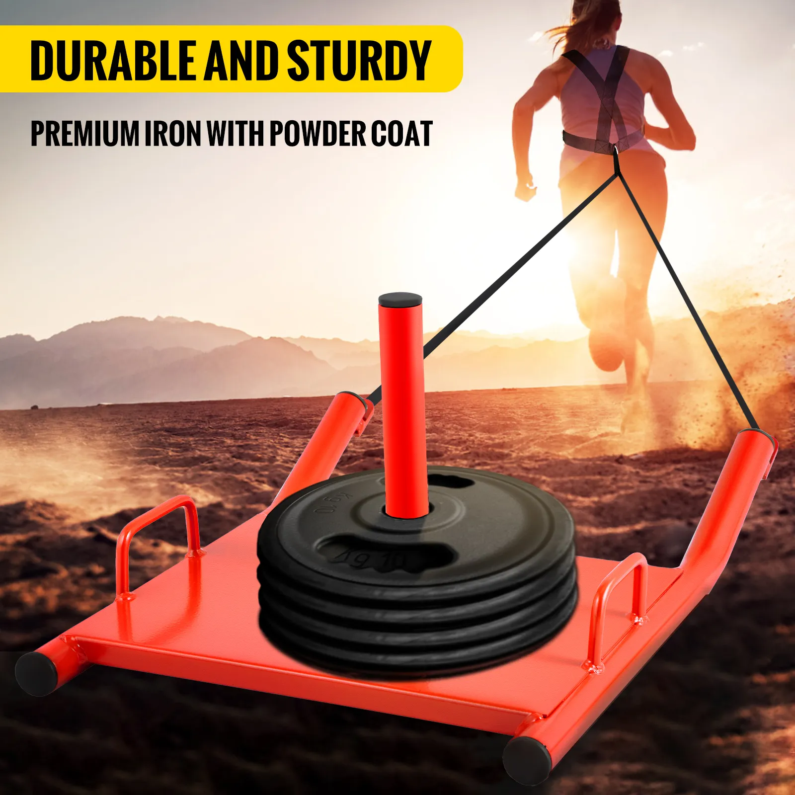 VEVOR weight sled with weights and harness, sunrise backdrop. durable and sturdy.