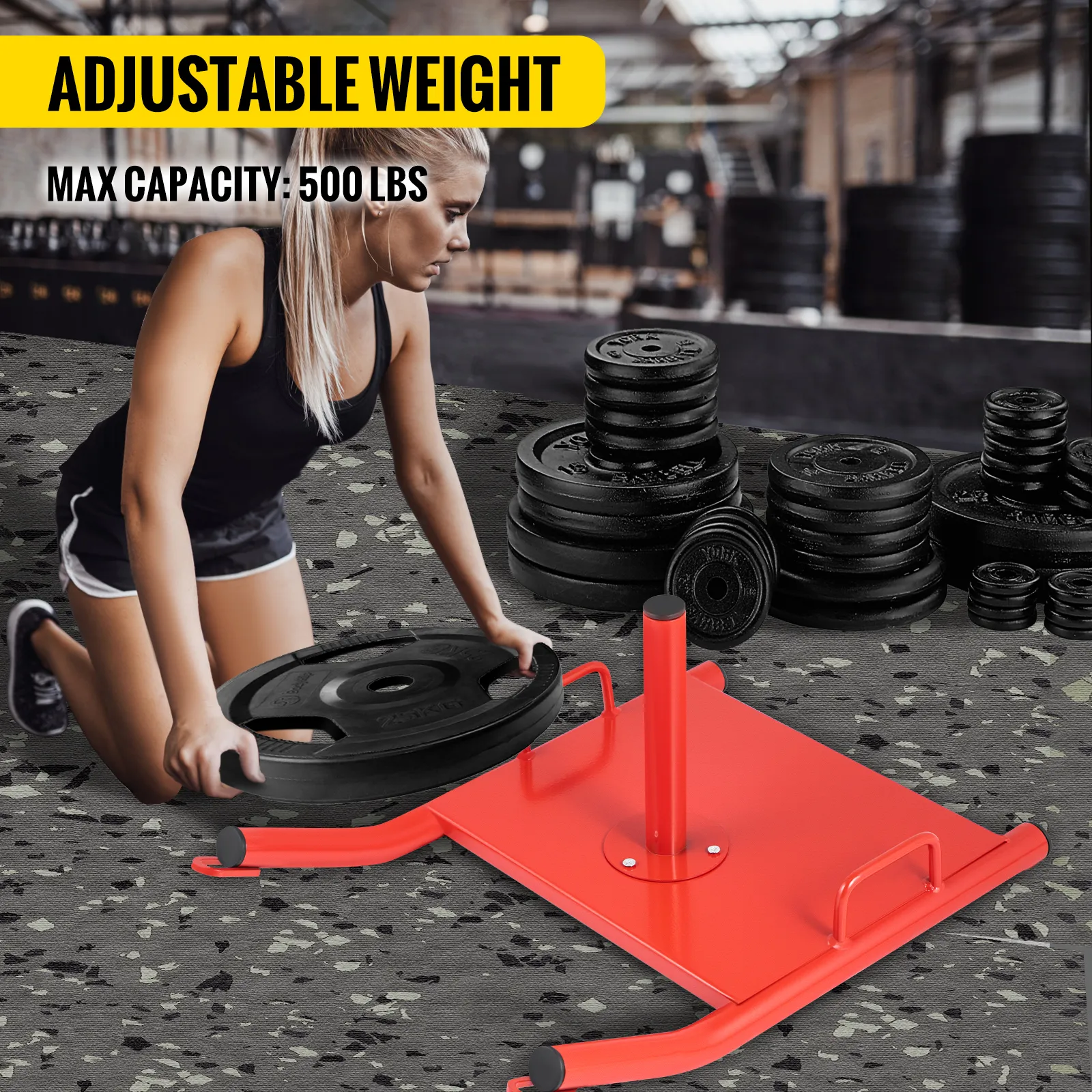 VEVOR weight sled in gym with adjustable weight plates and 500 lb max capacity.