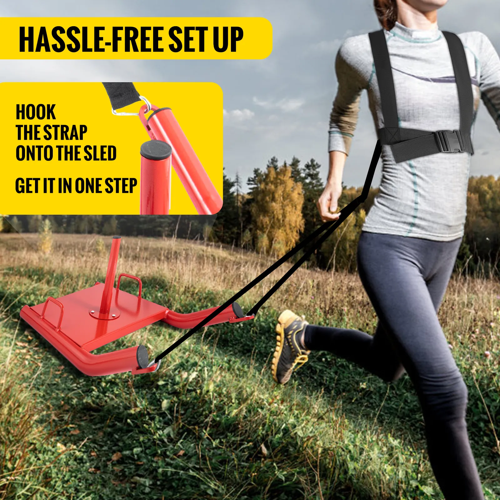 runner pulling the VEVOR weight sled on a grassy field with hassle-free setup instructions.