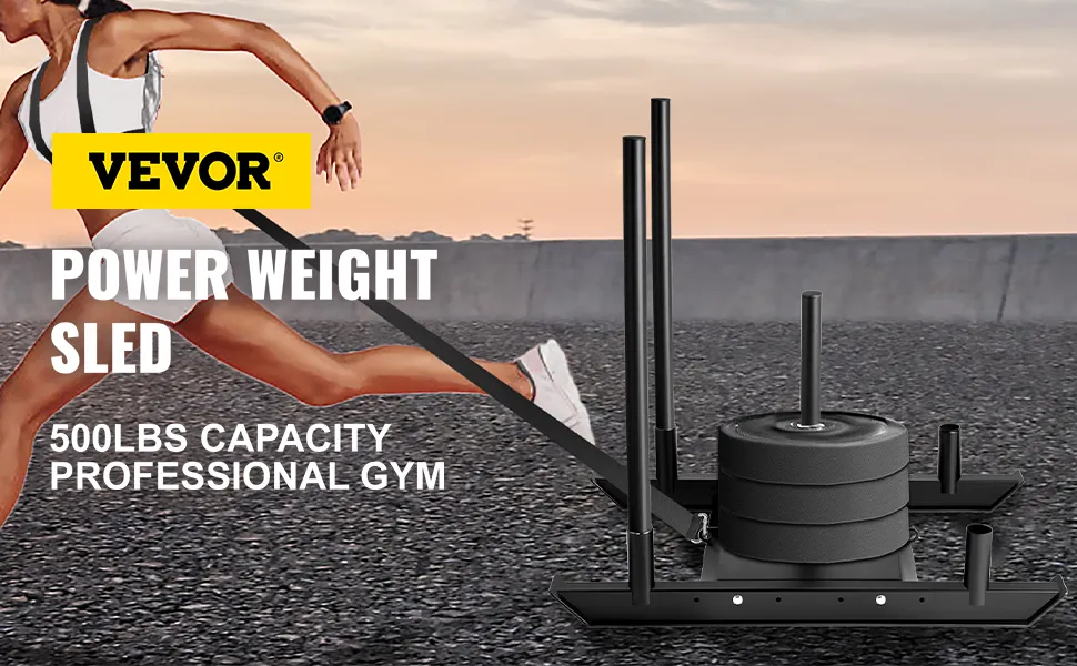 runner pulling VEVOR weight sled on pavement with 500lbs capacity. professional gym equipment.