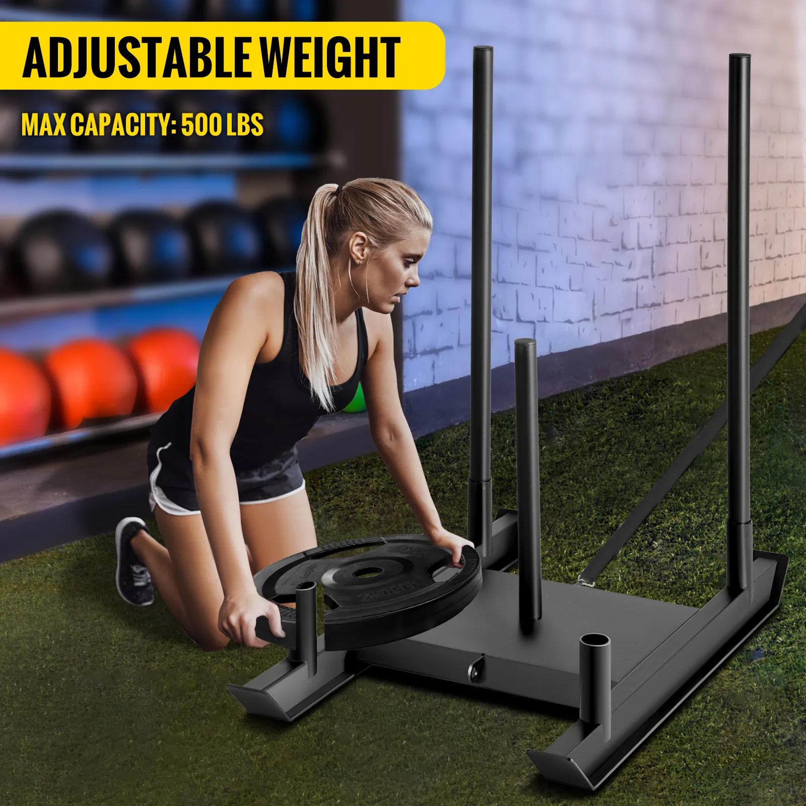 woman preparing VEVOR weight sled, adjustable weight up to 500 lbs, in gym.