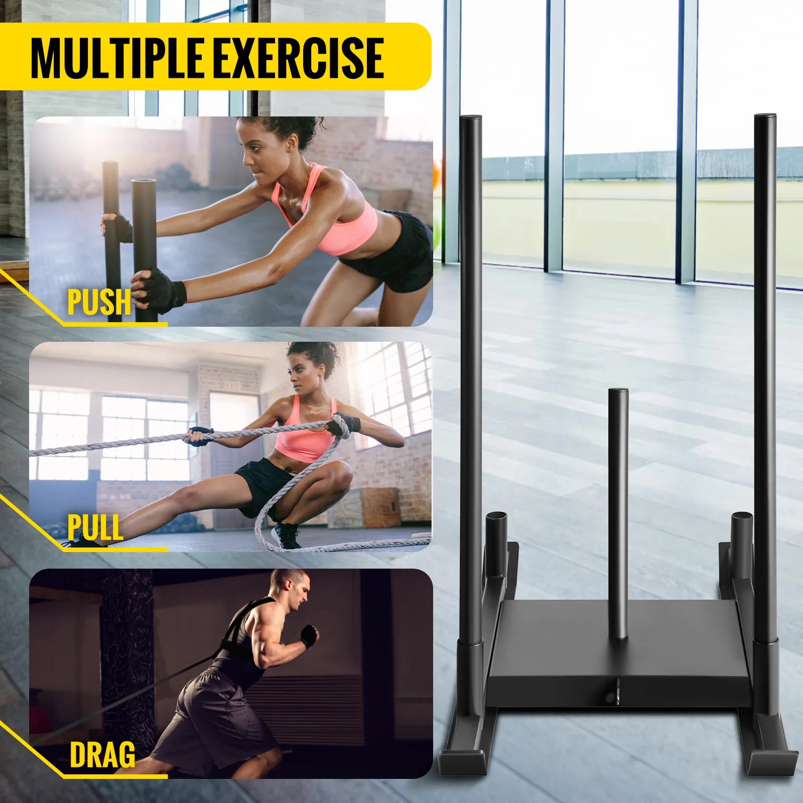 VEVOR weight sled for push, pull, and drag exercises in a gym setting.