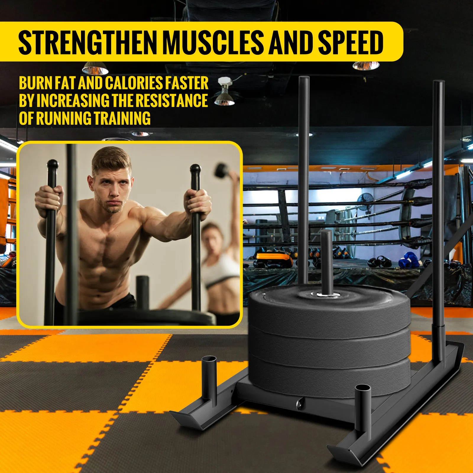 VEVOR weight sled in gym for resistance training and muscle strengthening.