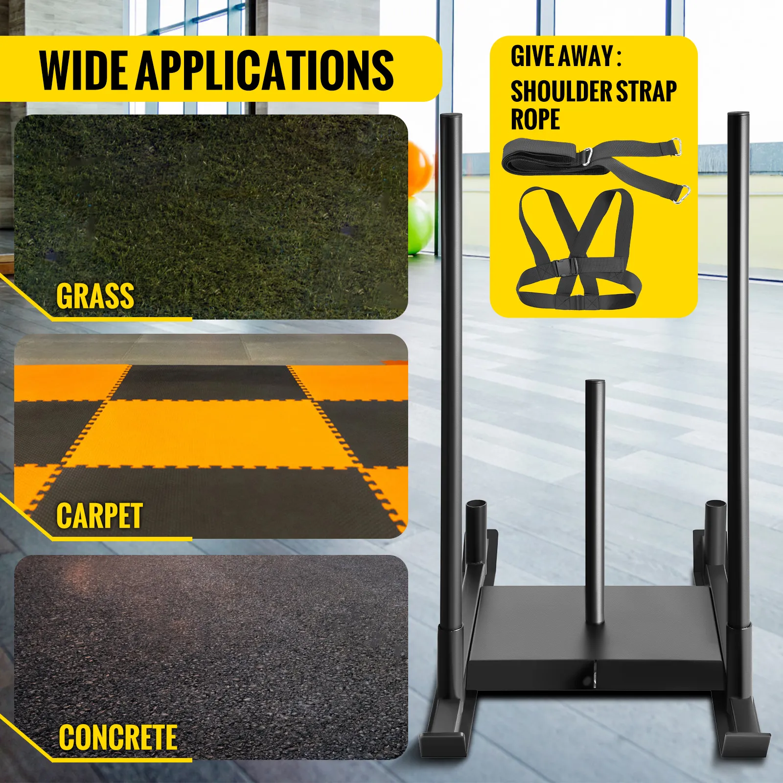 VEVOR weight sled for grass, carpet, and concrete surfaces, includes shoulder strap rope.