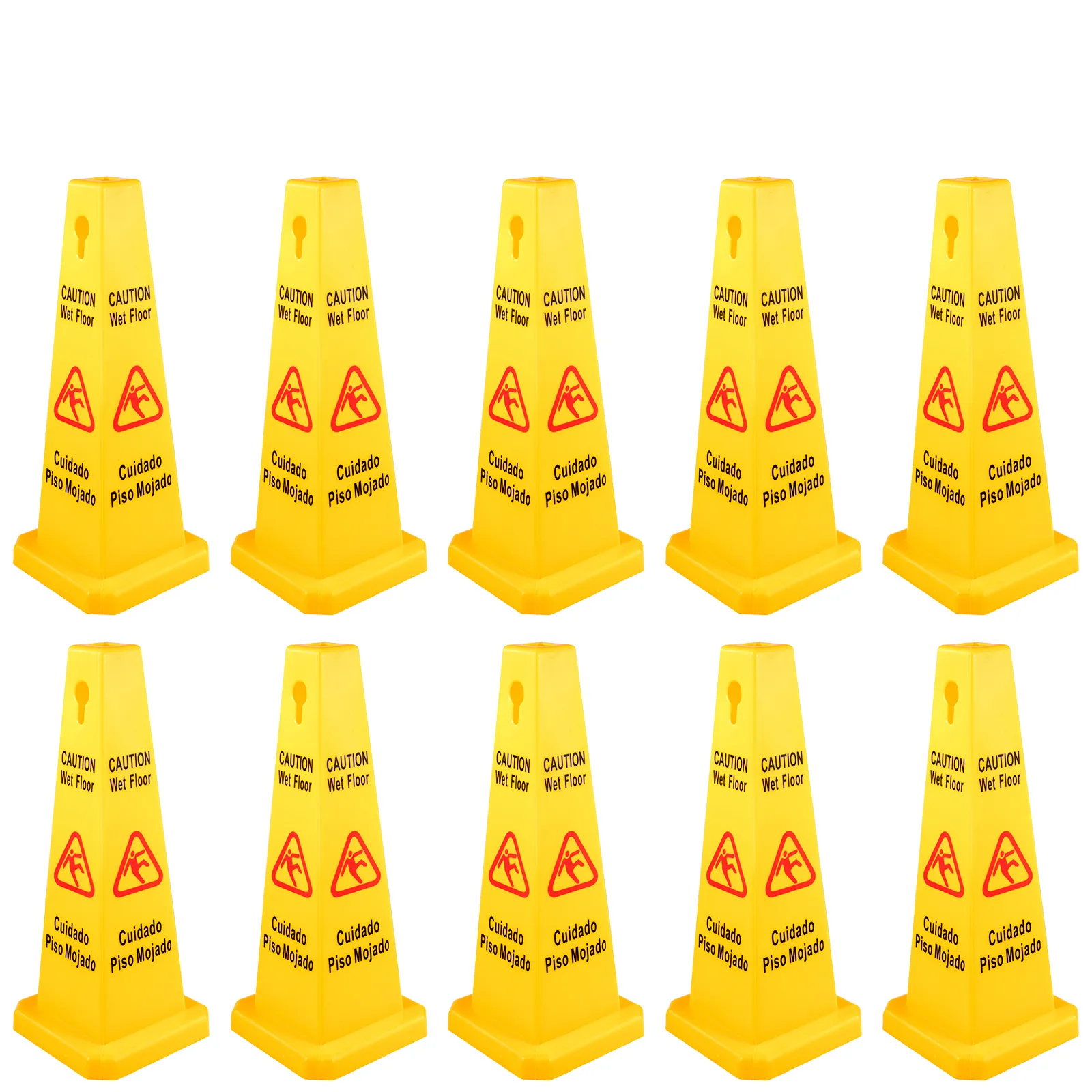 Señal de suelo mojado VEVOR, 10 conos de precaución amarillos con mensajes de advertencia bilingües.