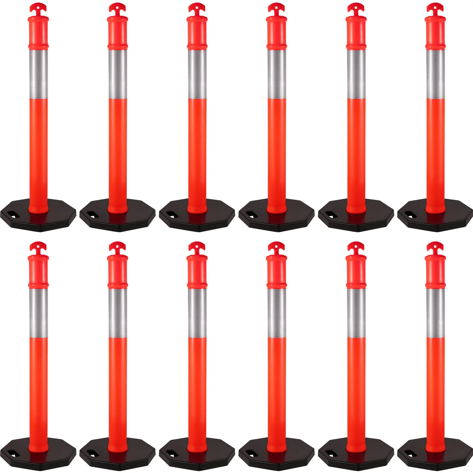 Postes delimitadores de tráfico VEVOR, de color naranja con bandas reflectantes, colocados sobre bases negras.