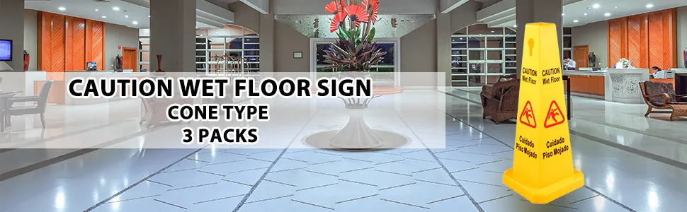 Señal de piso mojado VEVOR, tipo cono, paquete de 3 en el vestíbulo del hotel moderno.