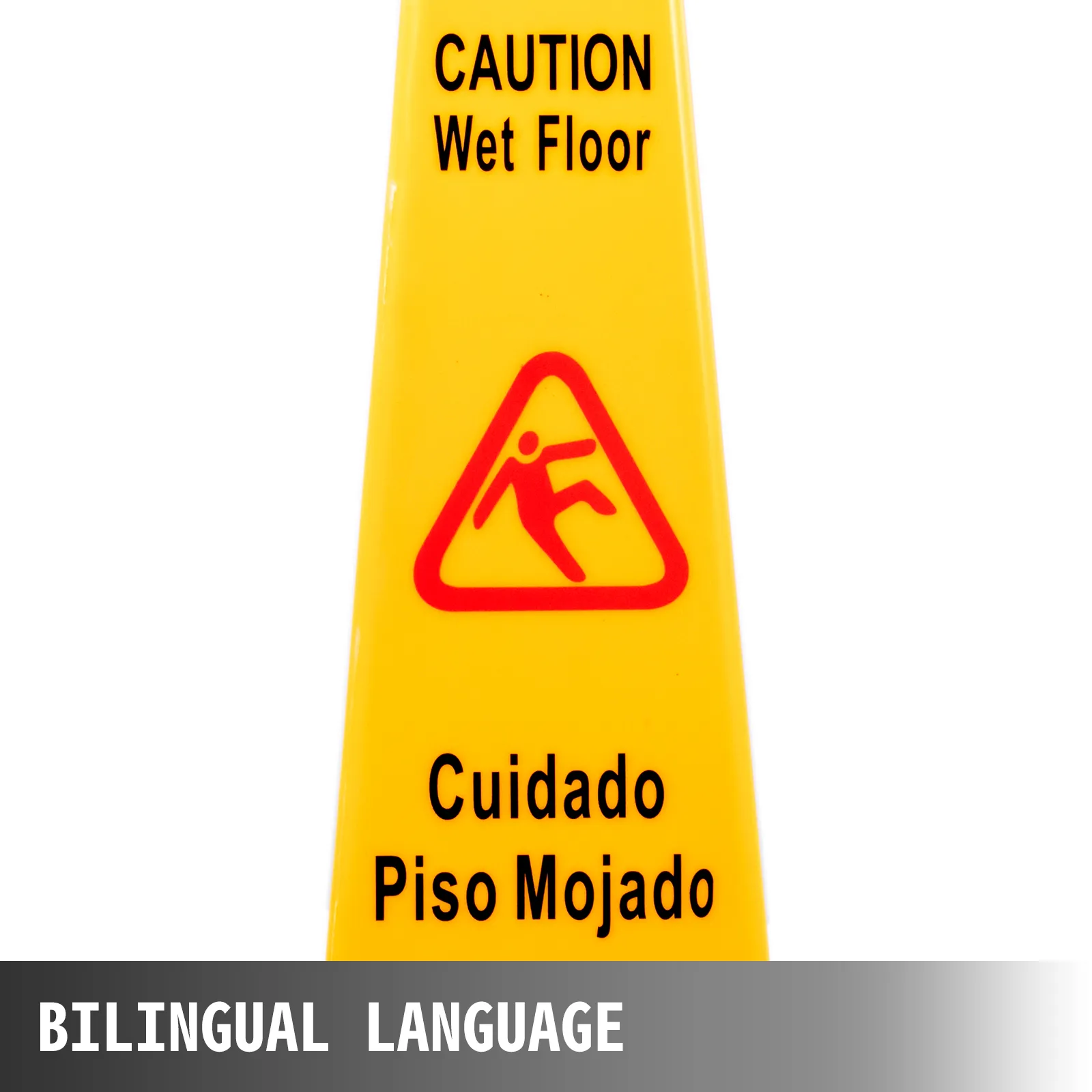 Señal amarilla de suelo mojado VEVOR con texto de precaución en inglés y español.