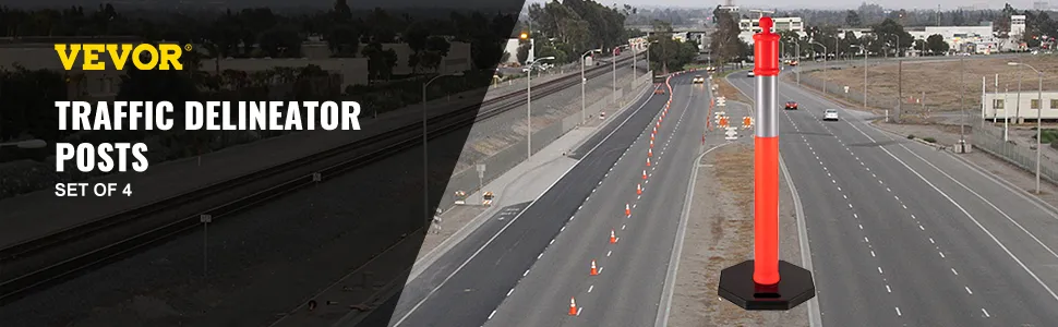 VEVOR traffic delineator posts set of 4 on a multi-lane road with traffic cones.