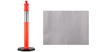 orange-and-silver VEVOR traffic delineator post beside close-up of reflective material