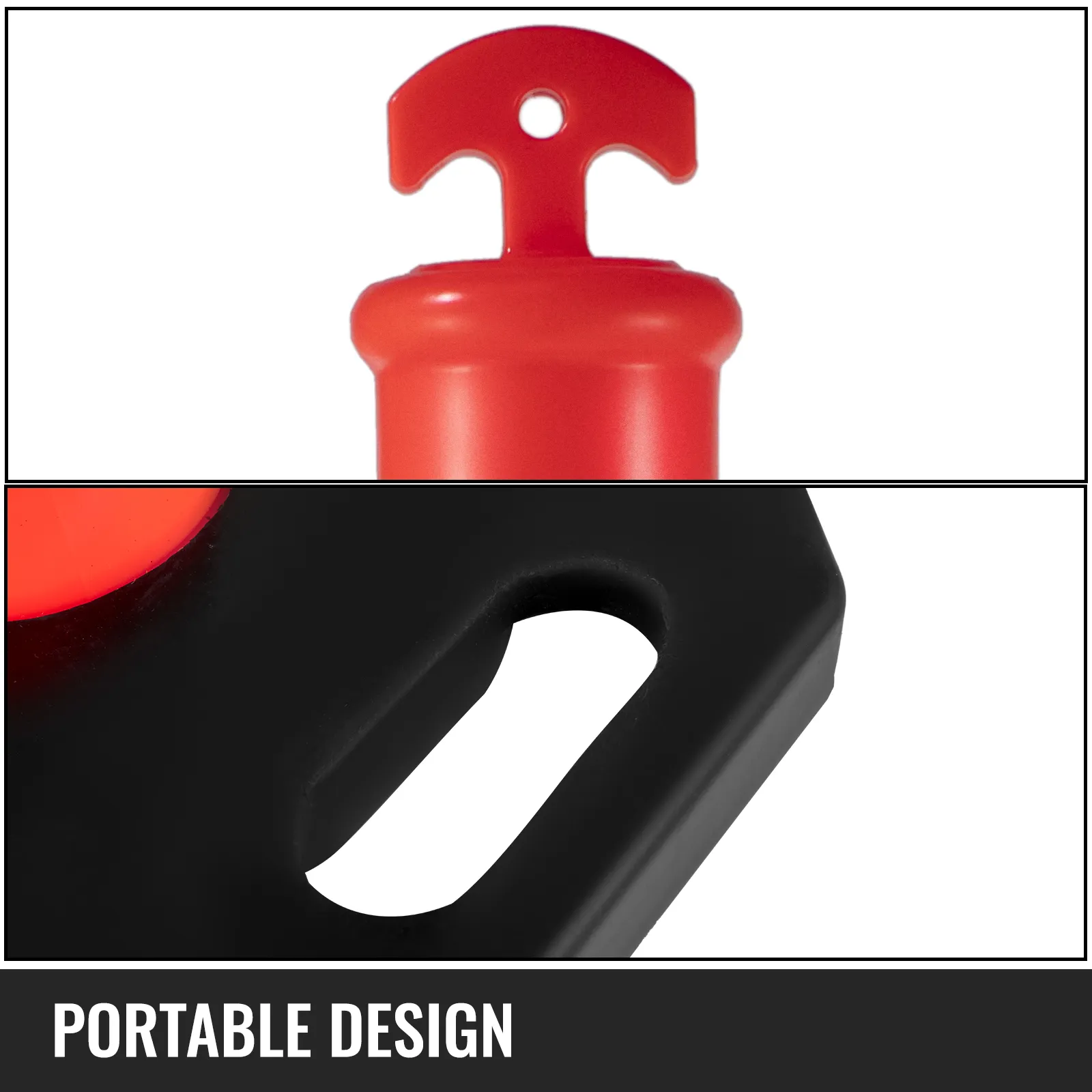 VEVOR traffic delineator posts with portable design detailing the red top and black base.