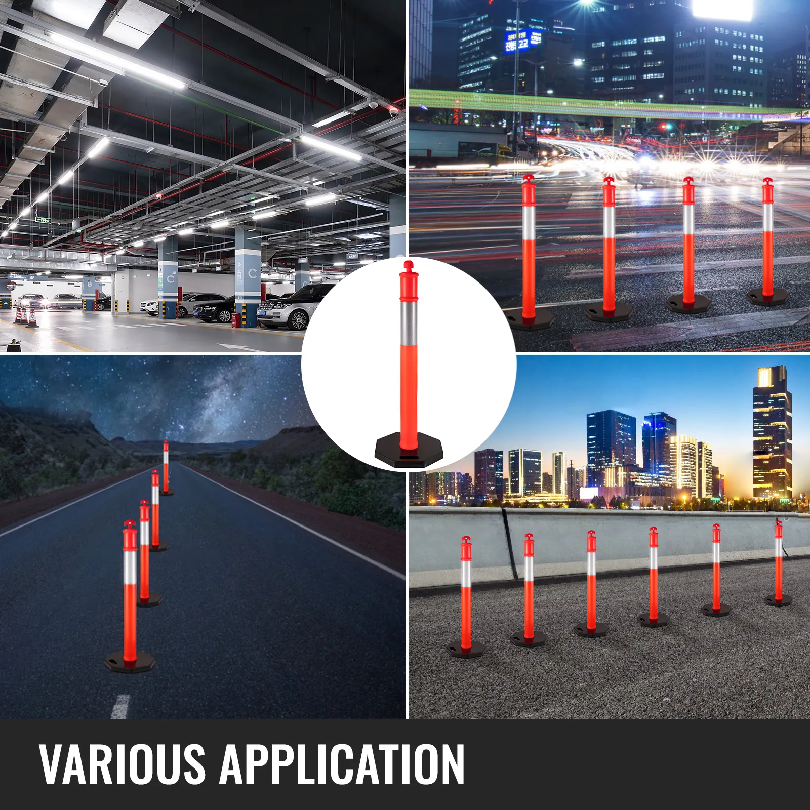 VEVOR traffic delineator posts in parking lot, city street, highway, and rooftop settings.