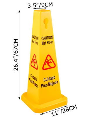 yellow VEVOR wet floor safety cone with bilingual warning text and dimensions.