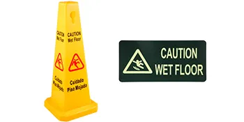 yellow VEVOR wet floor safety cone and black "caution wet floor" sign.