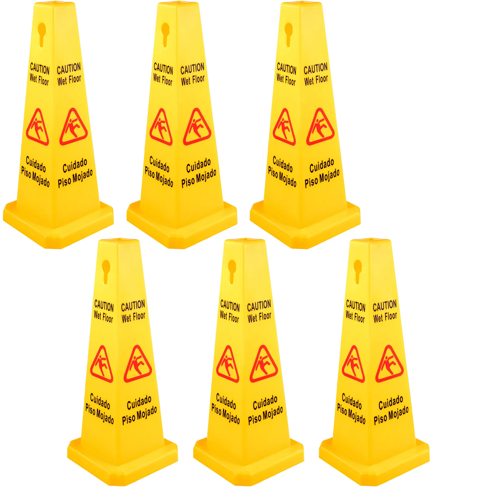 six yellow VEVOR wet floor safety cones with caution and warning signs visible.