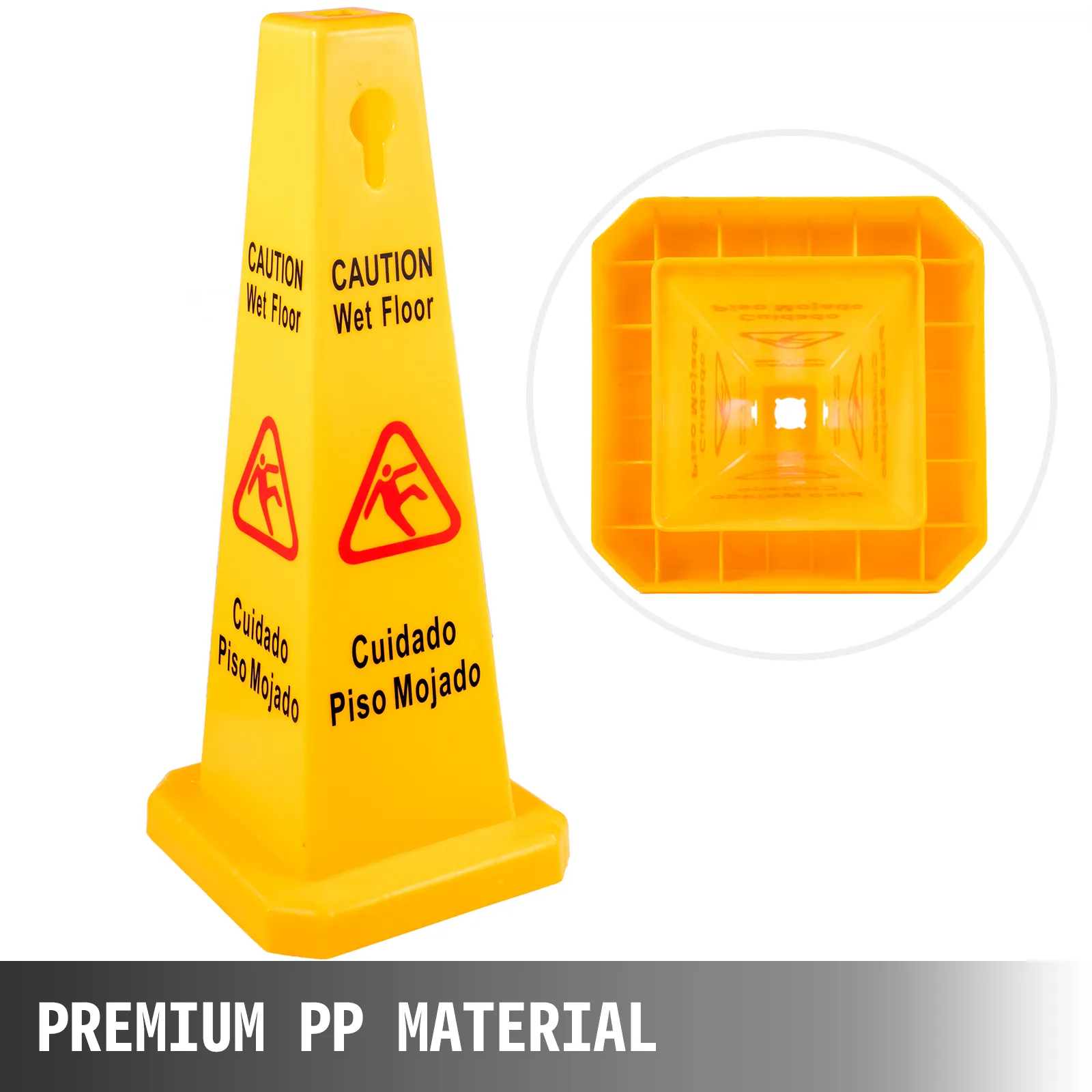 VEVOR wet floor safety cone in yellow with caution signs and spanish translation.