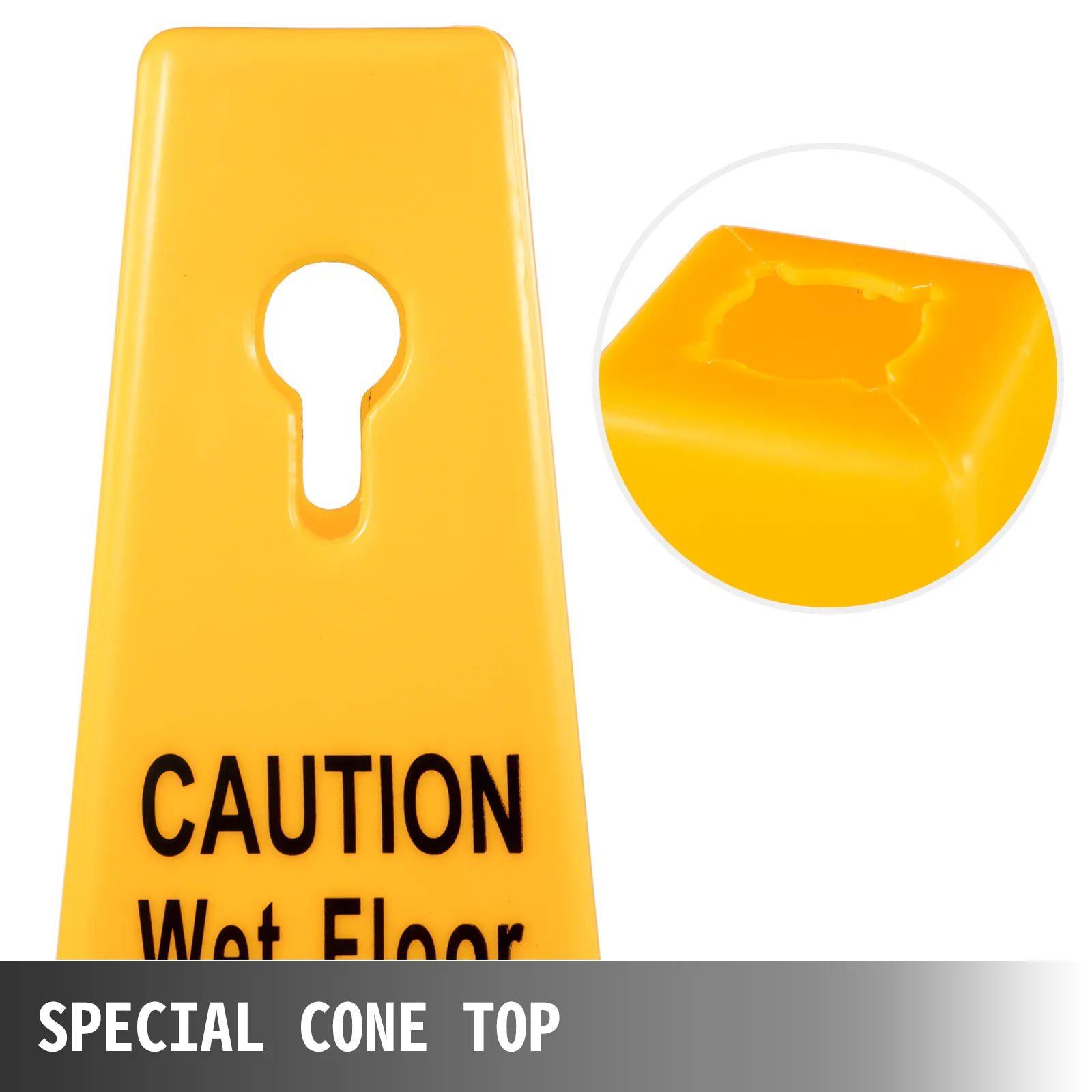 yellow VEVOR wet floor safety cone with a keyhole top and close-up of special cone top design.
