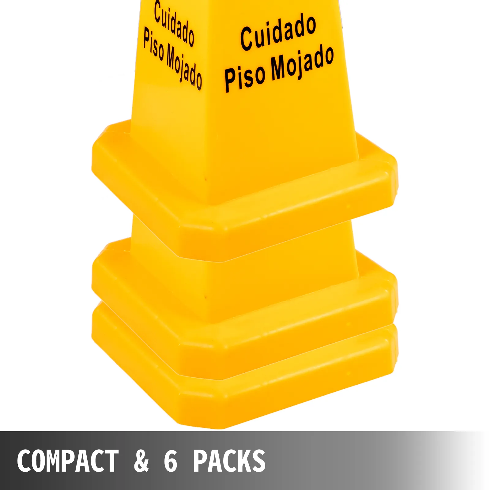 VEVOR wet floor safety cone, compact and 6-pack, in yellow with bilingual text.