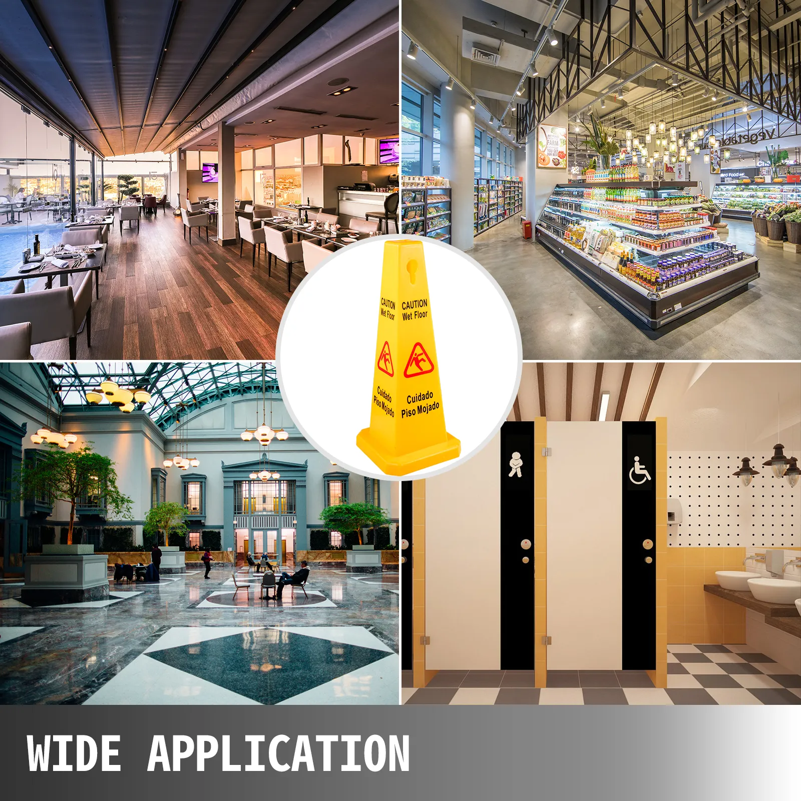 VEVOR wet floor safety cone in various public spaces: restaurant, supermarket, lobby, restroom.