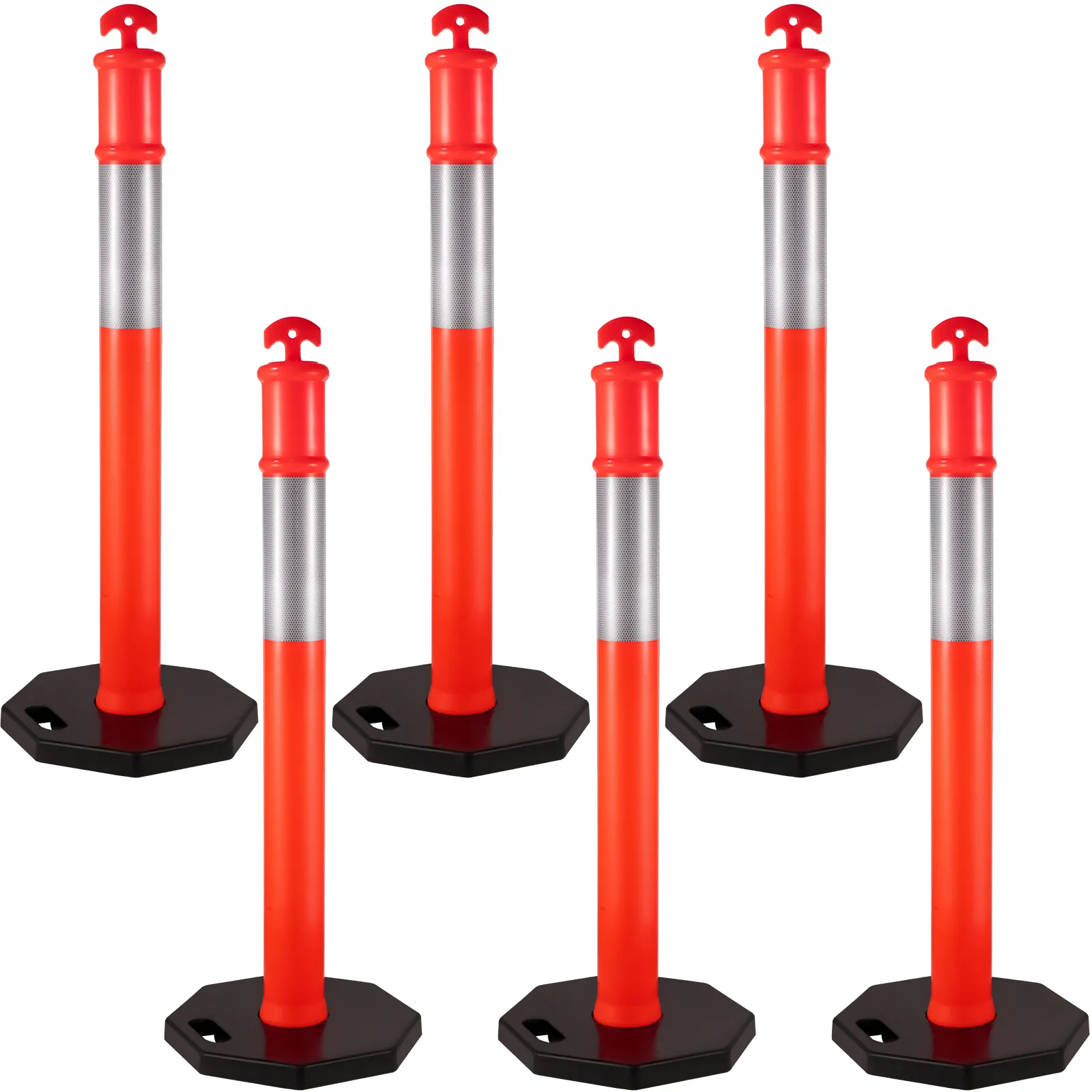 VEVOR traffic delineator posts in bright orange with reflective stripes and black bases.