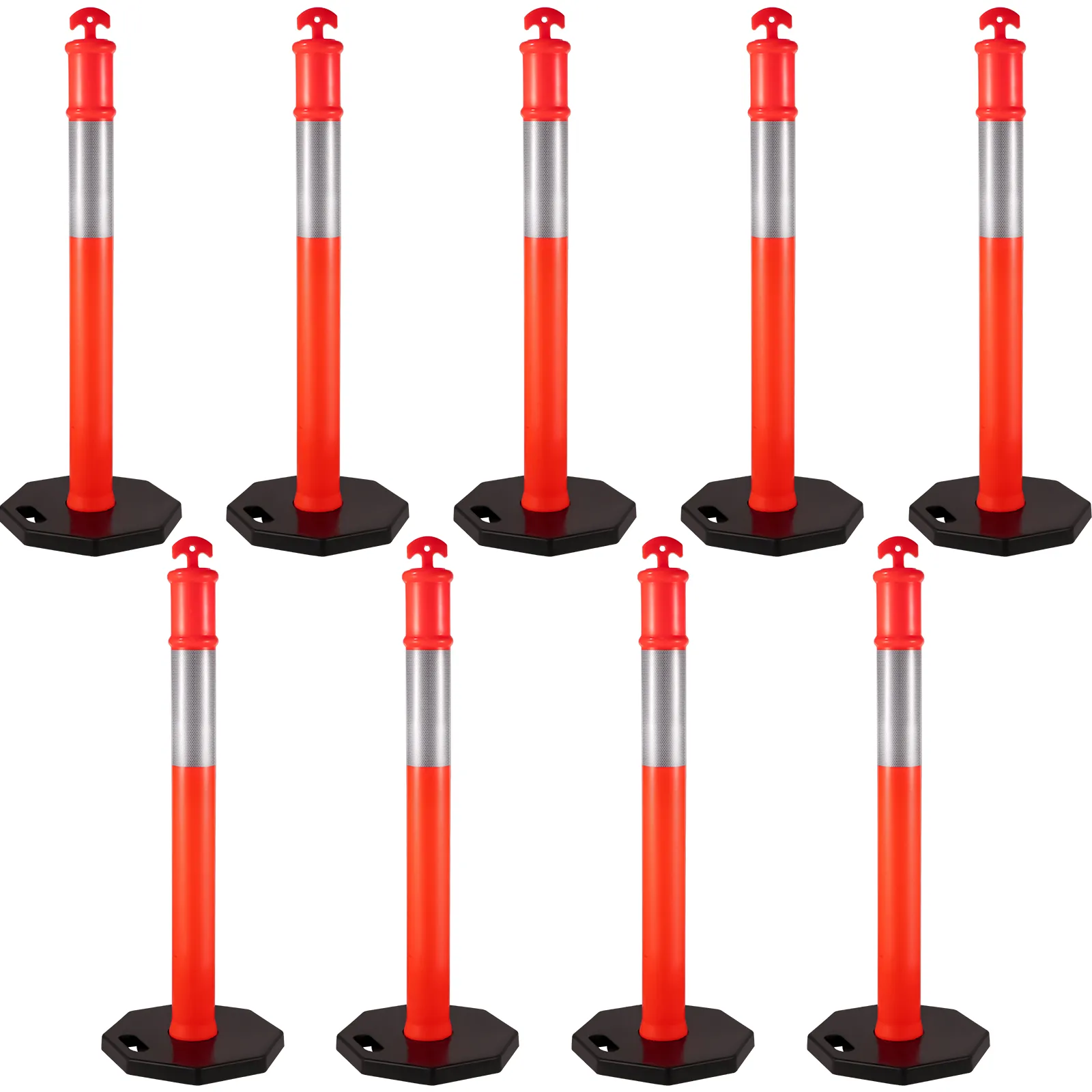 eight VEVOR traffic delineator posts with reflective strips and black bases.