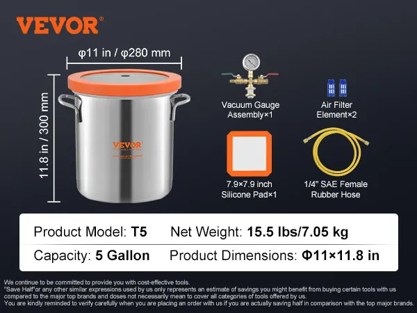 VEVOR vacuum chamber t5, 5-gallon capacity, 15.5 lbs, includes silicone pad, rubber hose, air filter, gauge.