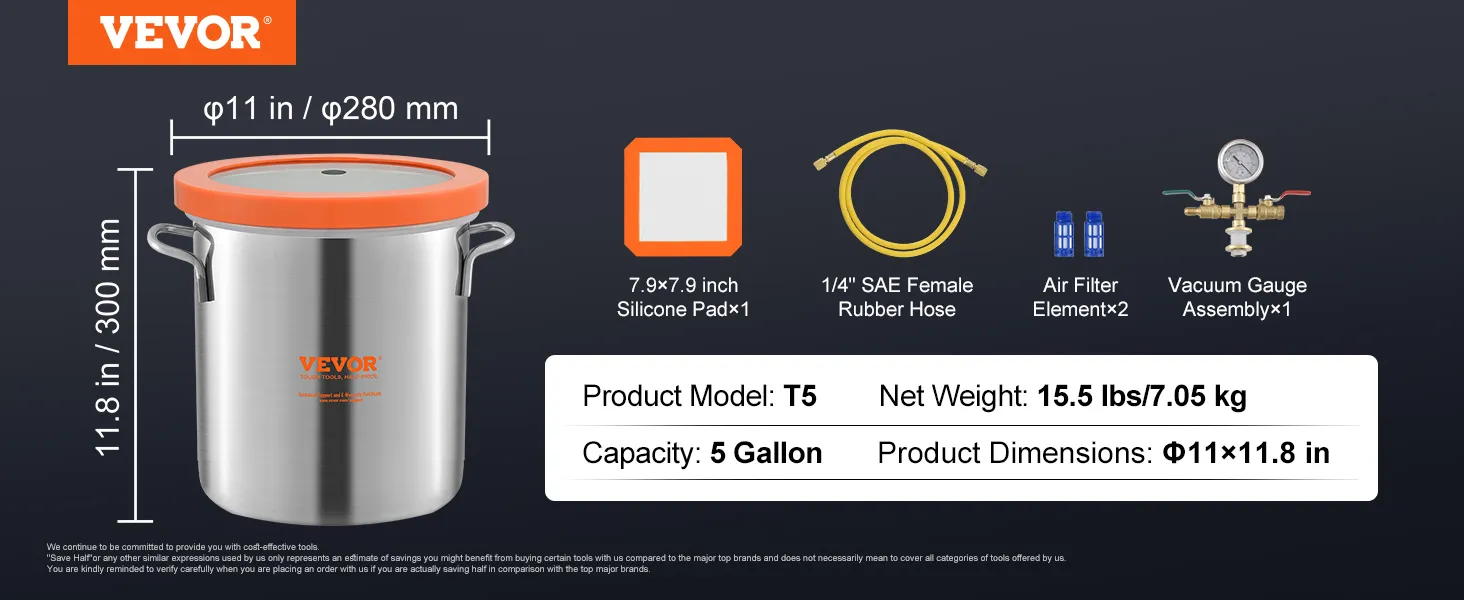 VEVOR vacuum chamber t5, 5-gallon capacity, 15.5 lbs, includes silicone pad, rubber hose, air filter, gauge.