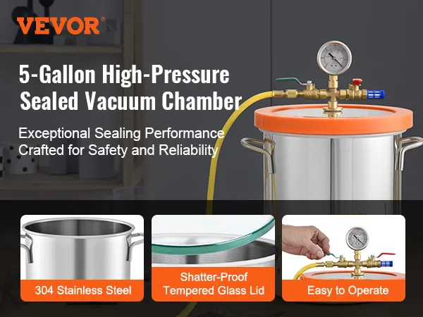 VEVOR vacuum chamber, 5-gallon high-pressure sealed, 304 stainless steel, shatter-proof glass lid.
