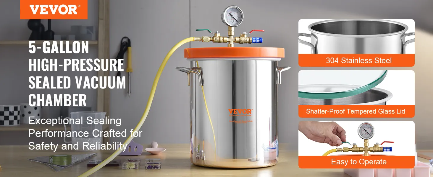 VEVOR vacuum chamber, 5-gallon high-pressure sealed, 304 stainless steel, shatter-proof glass lid.