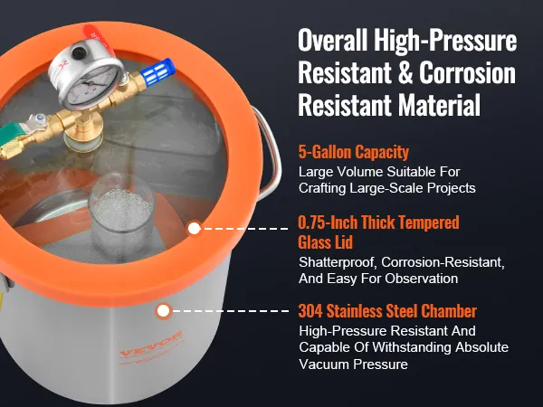 VEVOR vacuum chamber with 5-gallon capacity, 0.75-inch thick tempered glass lid, 304 stainless steel chamber.