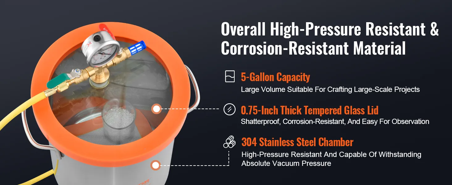 VEVOR vacuum chamber with 5-gallon capacity, 0.75-inch thick tempered glass lid, 304 stainless steel chamber.