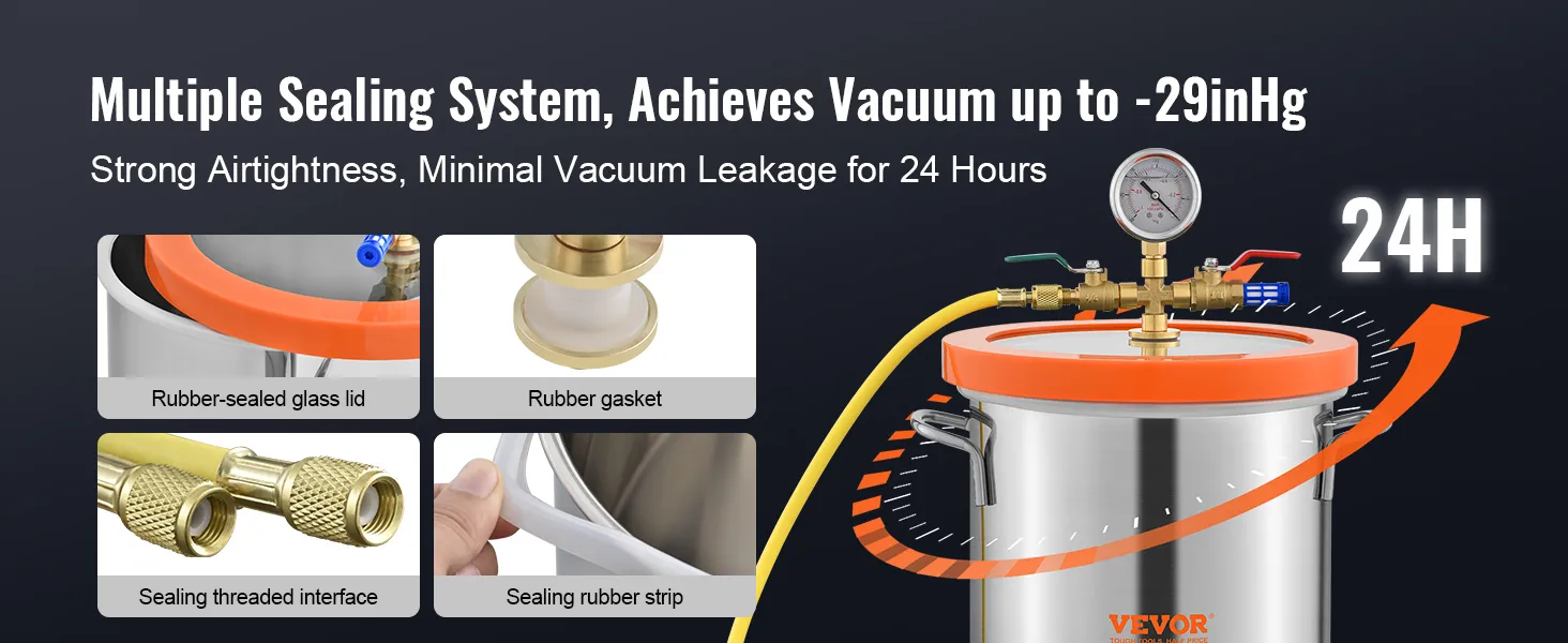 VEVOR vacuum chamber with rubber-sealed glass lid, gauge, sealing threaded interface, and rubber gasket.