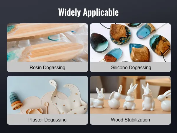 widely applicable VEVOR vacuum chamber uses: resin, silicone, plaster degassing, and wood stabilization.