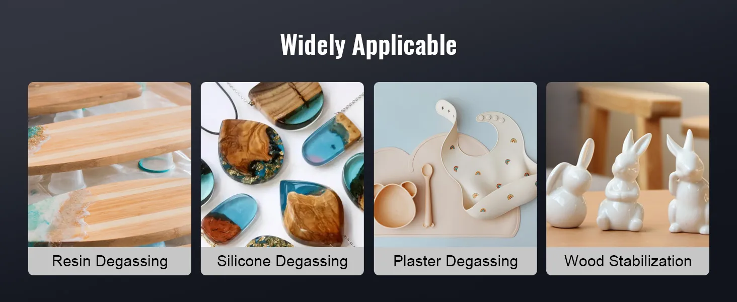 widely applicable VEVOR vacuum chamber uses: resin, silicone, plaster degassing, and wood stabilization.