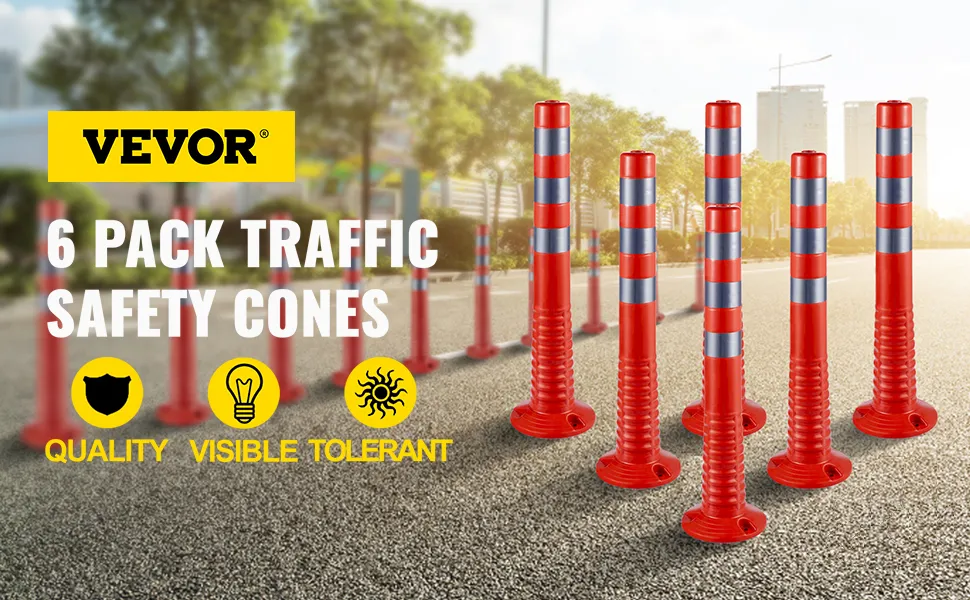 VEVOR traffic delineator cones, 6-pack, on a sunny city street with icons for quality, visibility, and tolerance.