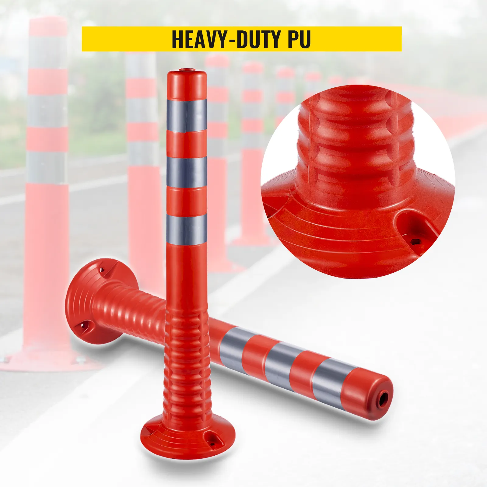 VEVOR traffic delineator cones with heavy-duty pu construction, shown on a road.