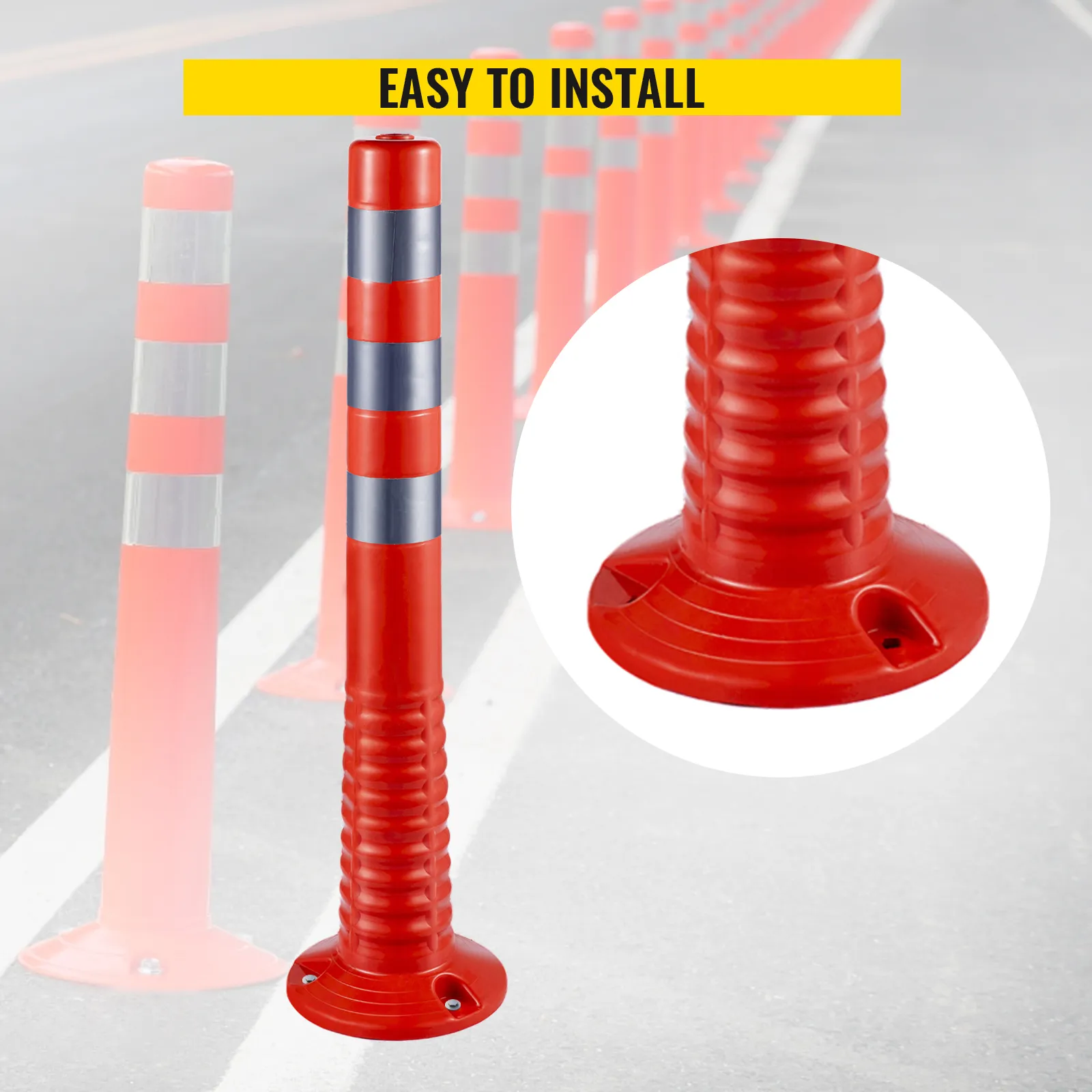 VEVOR traffic delineator cones, red with reflective stripes, easy to install.