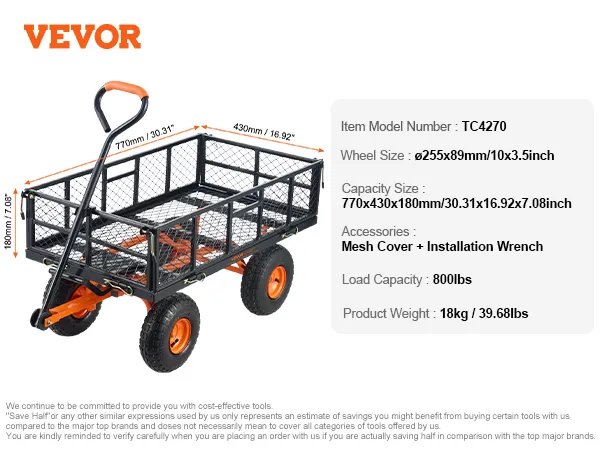 VEVOR dump cart with 400lbs load capacity, featuring mesh sides, orange wheels, and a pull handle.