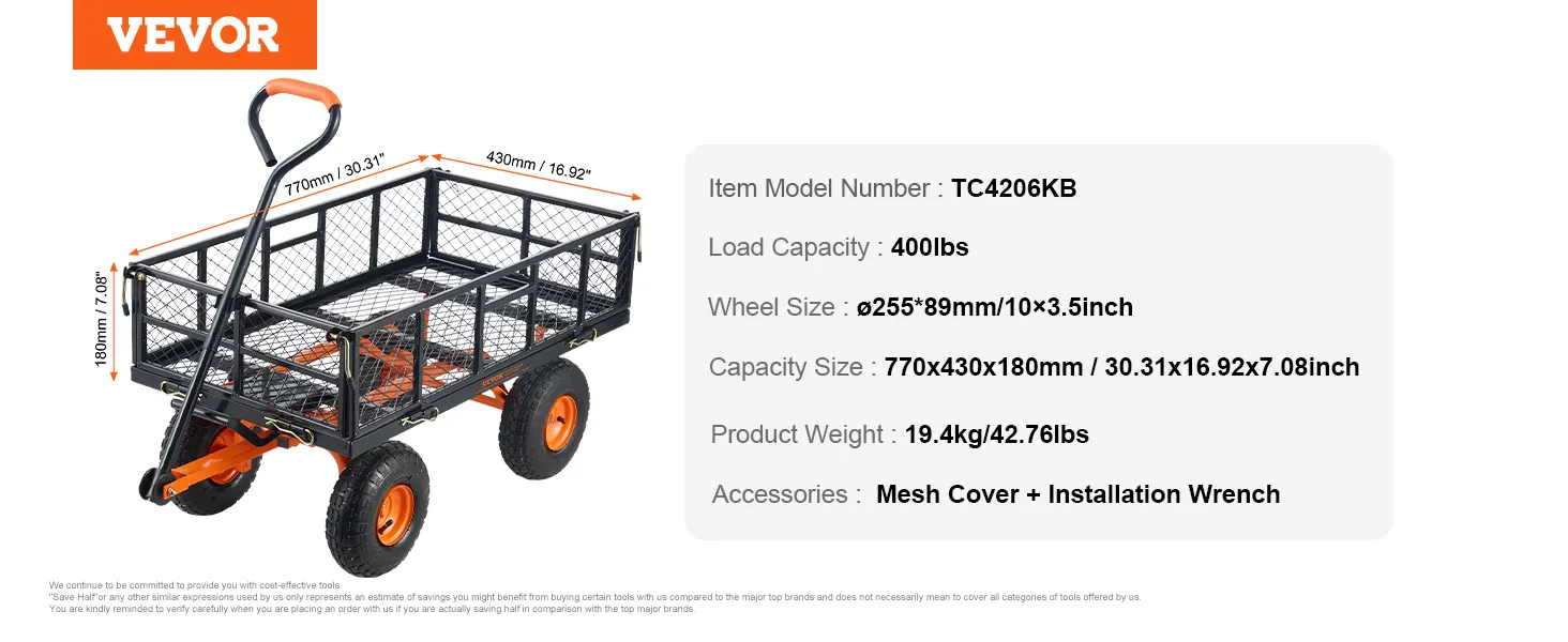 VEVOR dump cart with 400lbs load capacity, featuring mesh sides, orange wheels, and a pull handle.