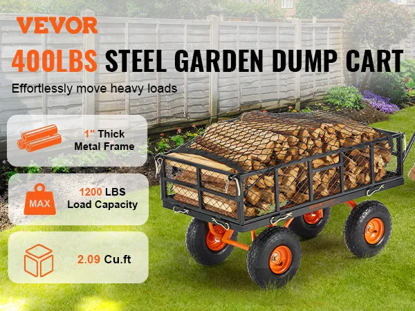VEVOR dump cart, 400lbs steel garden cart with wood logs, durable metal frame, orange wheels.