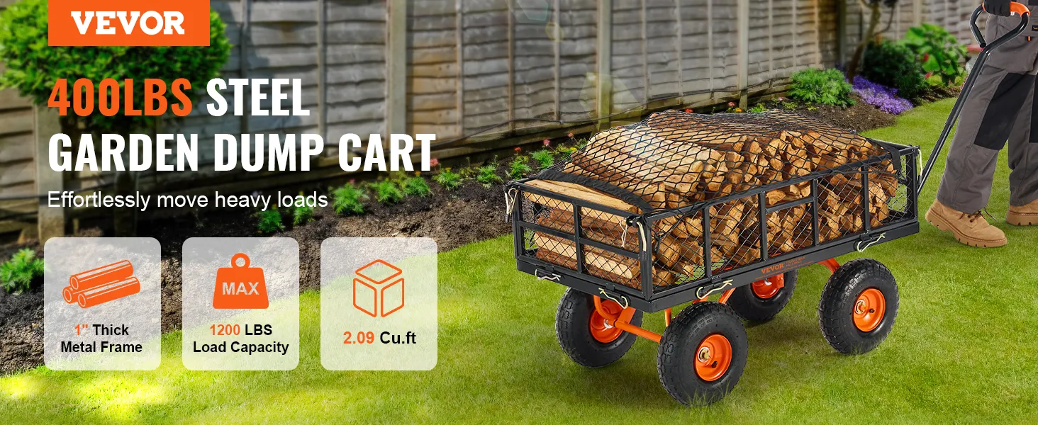 VEVOR dump cart, 400lbs steel garden cart with wood logs, durable metal frame, orange wheels.
