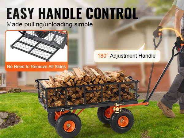 VEVOR dump cart with 180-degree adjustment handle, loaded with firewood, easy handle control.