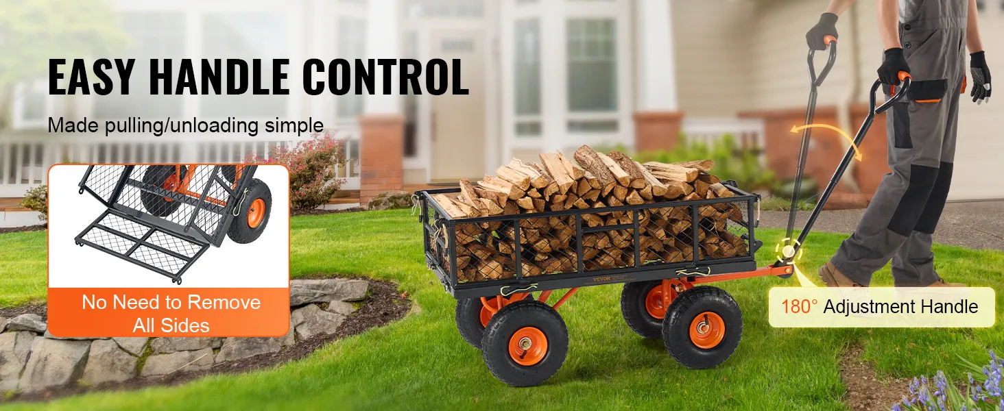 VEVOR dump cart with 180-degree adjustment handle, loaded with firewood, easy handle control.