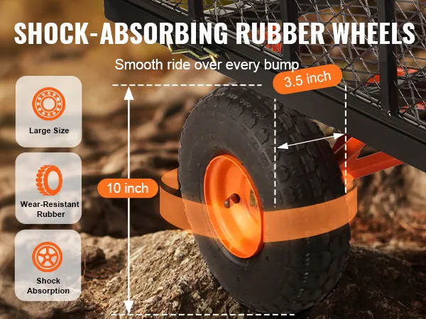 shock-absorbing rubber wheels of VEVOR dump cart, 10 inch, 3.5 inch wide, wear-resistant for smooth rides.