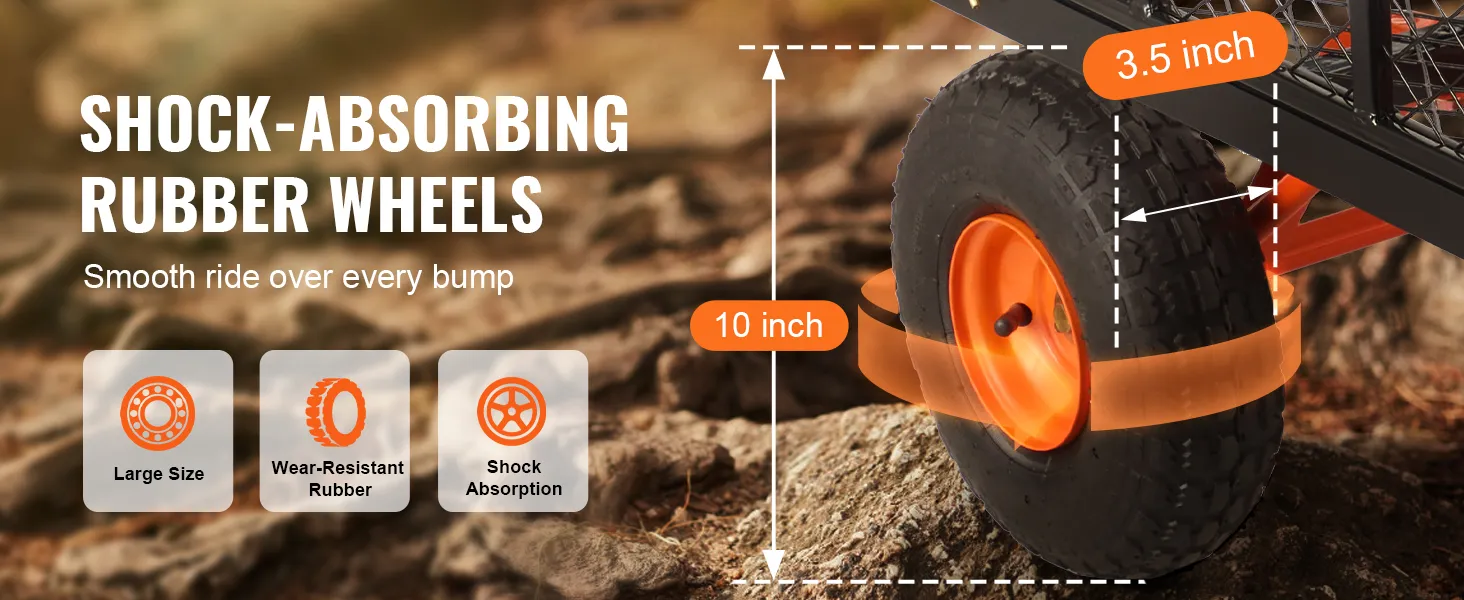 shock-absorbing rubber wheels of VEVOR dump cart, 10 inch, 3.5 inch wide, wear-resistant for smooth rides.